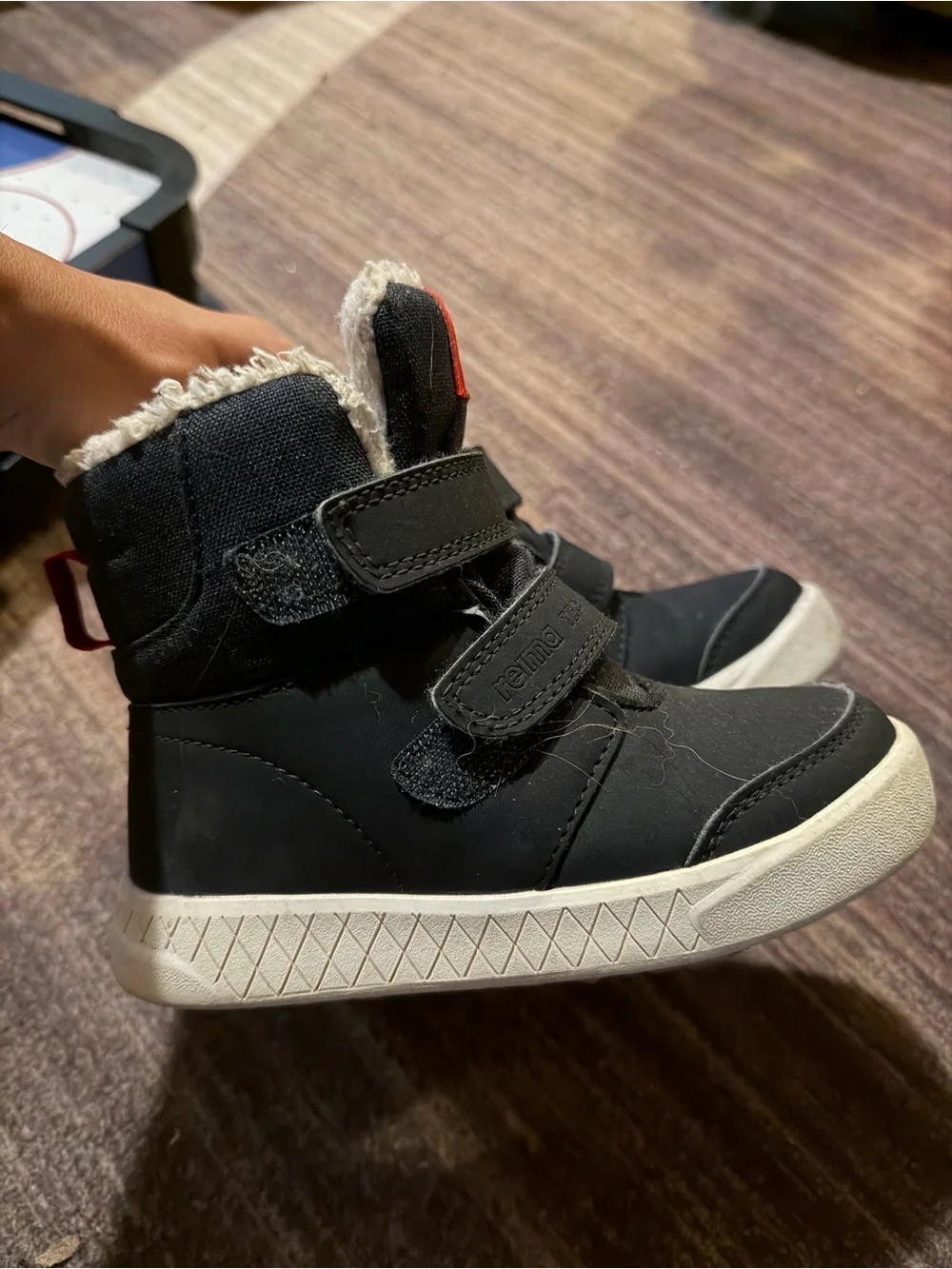 Kids Black Faux-Fur Lined Velcro Boots with Red Logo